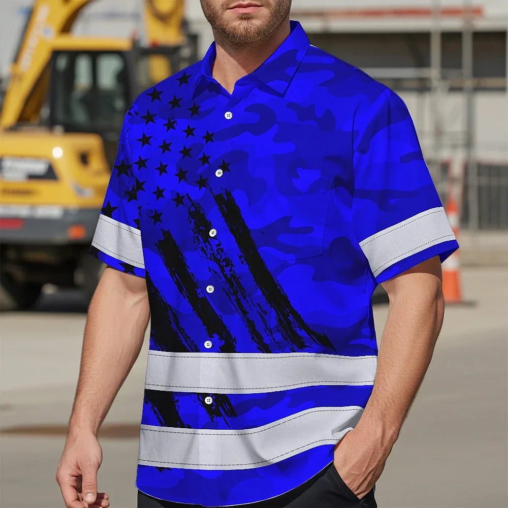Hi Vis Hawaiian Shirt Reflective Tapes Camo Blue Neon US Flag Custom Name