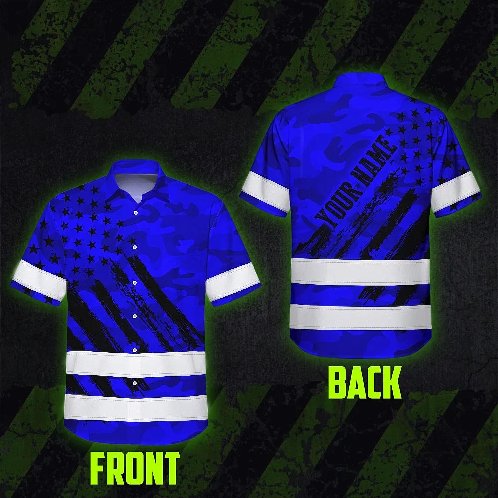 Hi Vis Hawaiian Shirt Reflective Tapes Camo Blue Neon US Flag Custom Name