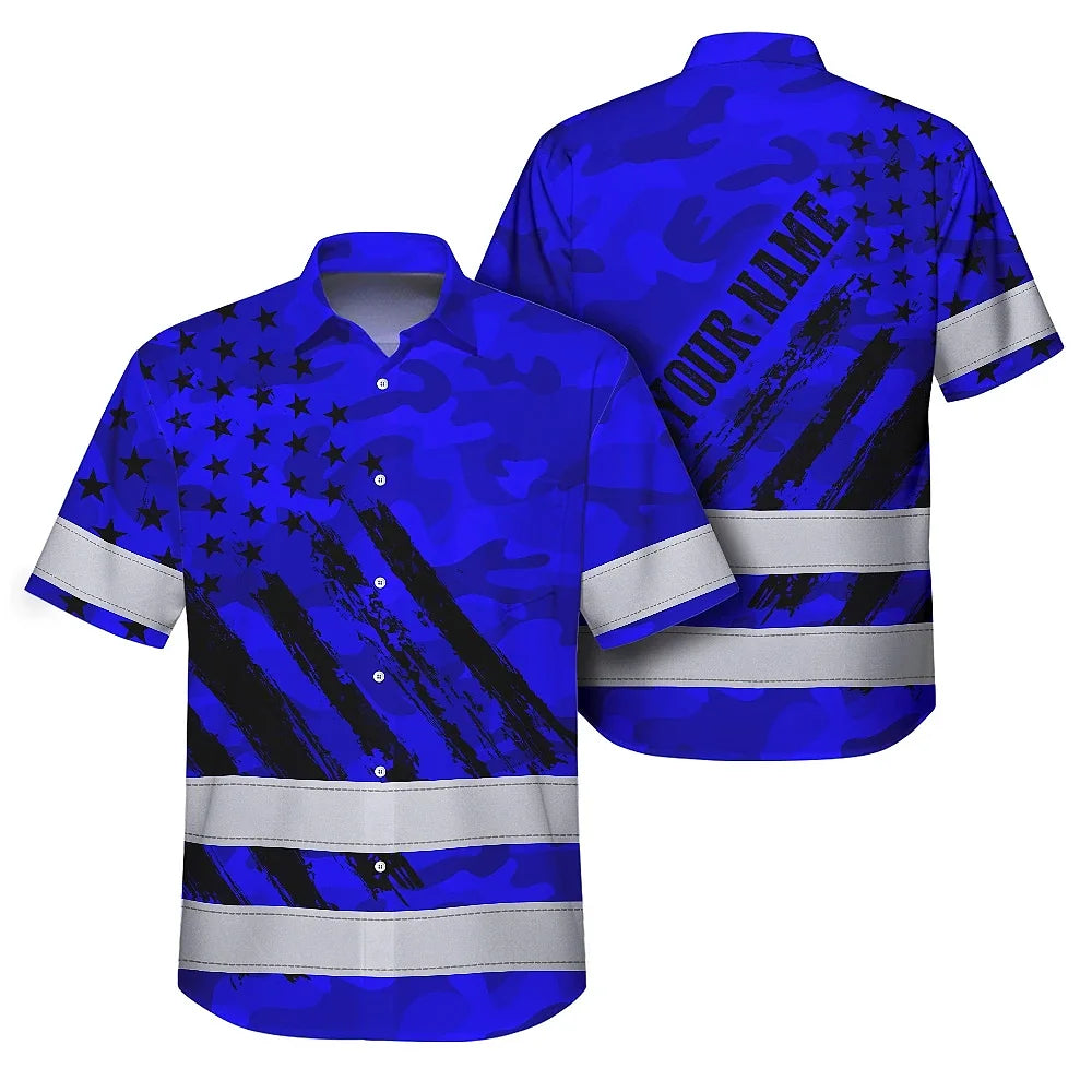 Hi Vis Hawaiian Shirt Reflective Tapes Camo Blue Neon US Flag Custom Name