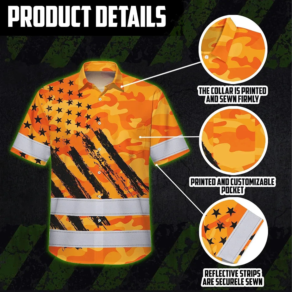 Hi Vis Hawaiian Shirt Reflective Tapes Camo Orange Neon US Flag Custom Name