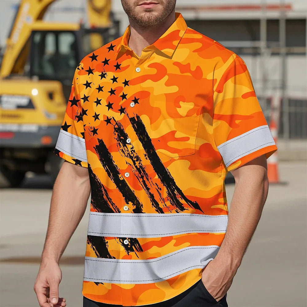 Hi Vis Hawaiian Shirt Reflective Tapes Camo Orange Neon US Flag Custom Name