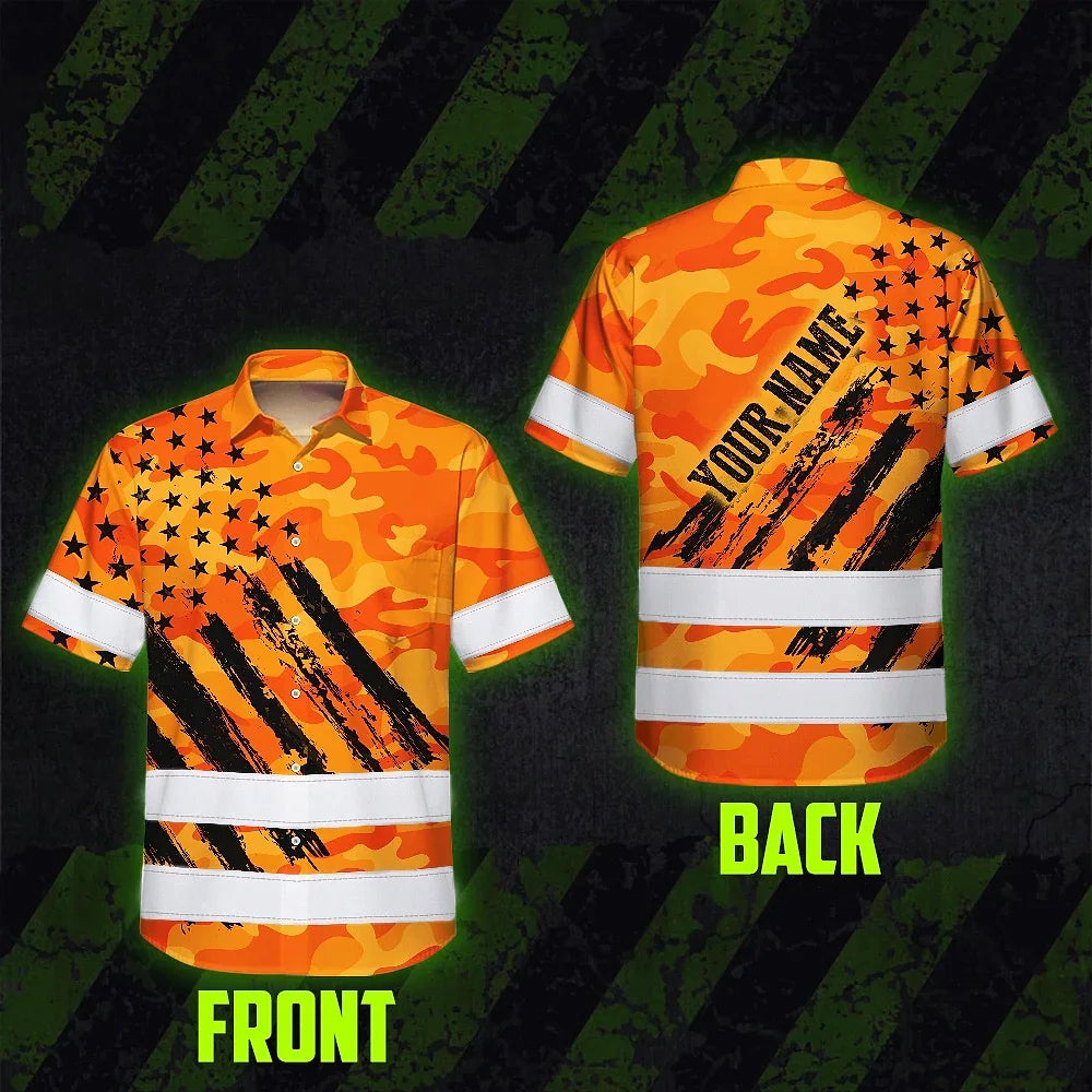 Hi Vis Hawaiian Shirt Reflective Tapes Camo Orange Neon US Flag Custom Name