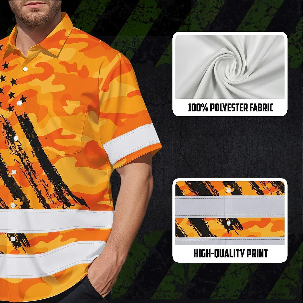 Hi Vis Hawaiian Shirt Reflective Tapes Camo Orange Neon US Flag Custom Name