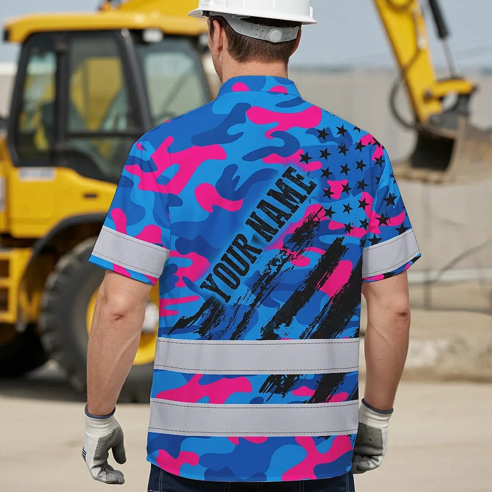 Hi Vis Hawaiian Shirt Reflective Tapes Camo Pink Blue Neon US Flag Custom Name