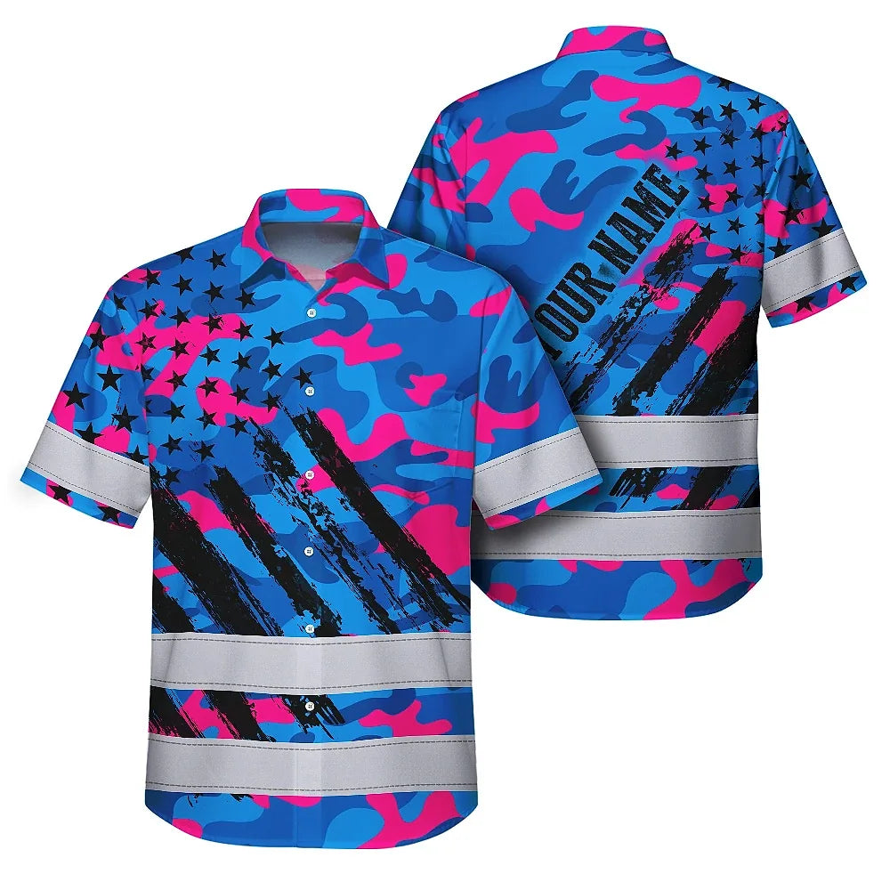 Hi Vis Hawaiian Shirt Reflective Tapes Camo Pink Blue Neon US Flag Custom Name