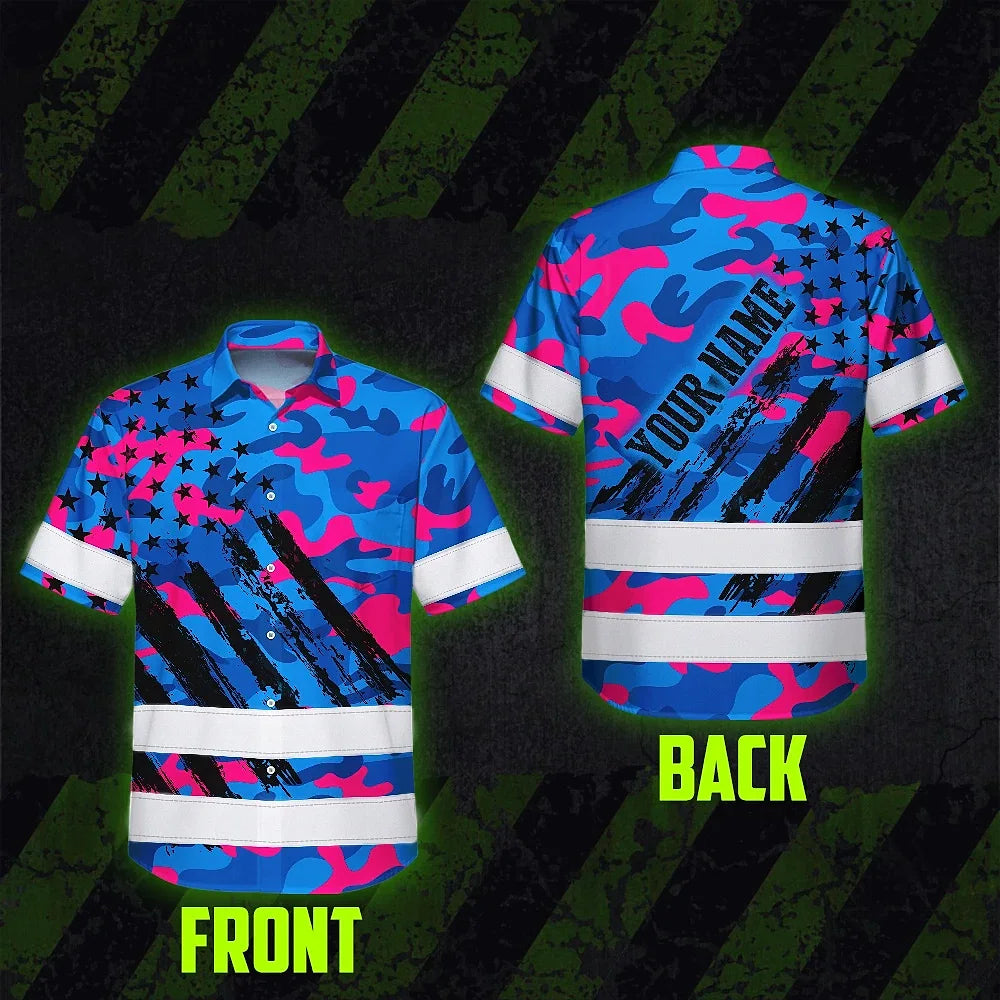 Hi Vis Hawaiian Shirt Reflective Tapes Camo Pink Blue Neon US Flag Custom Name