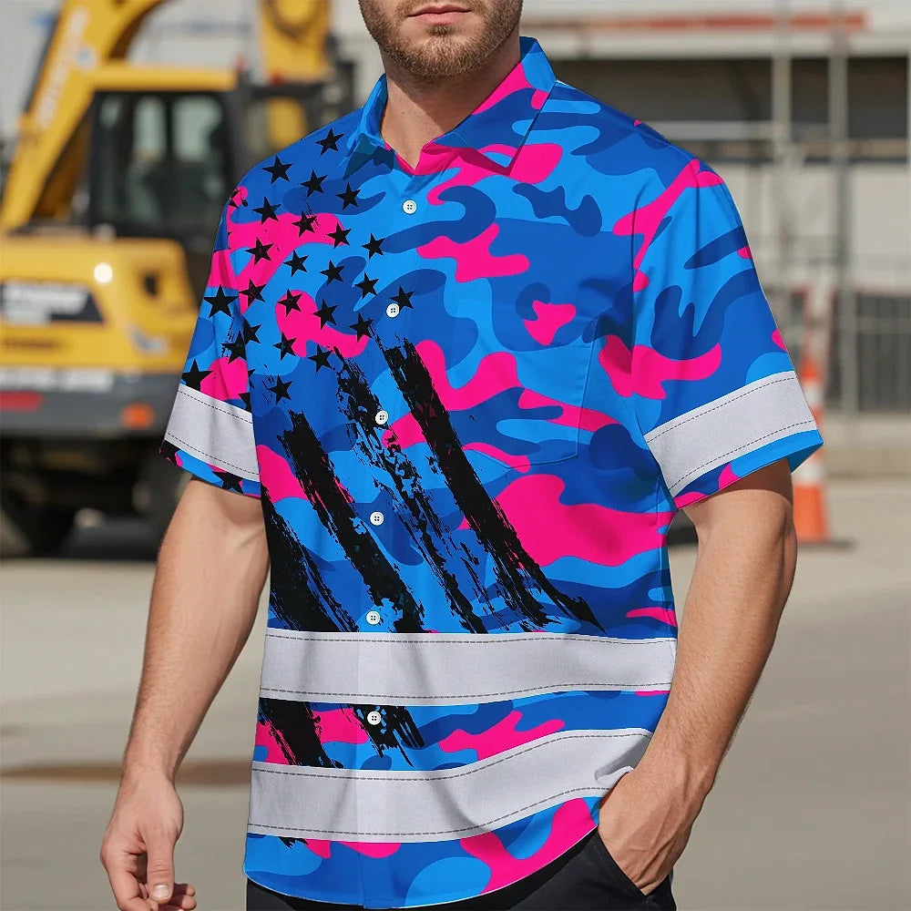 Hi Vis Hawaiian Shirt Reflective Tapes Camo Pink Blue Neon US Flag Custom Name