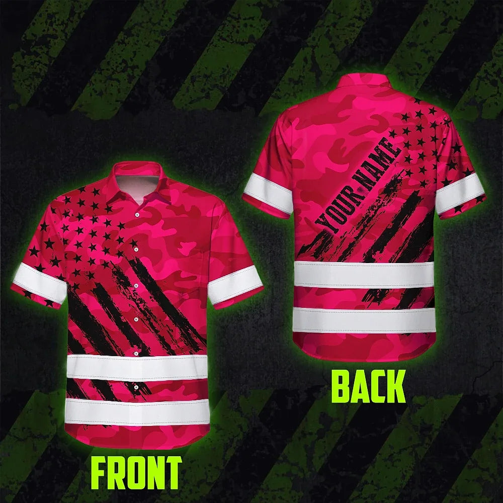 Hi Vis Hawaiian Shirt Reflective Tapes Camo Pink Neon US Flag Custom Name