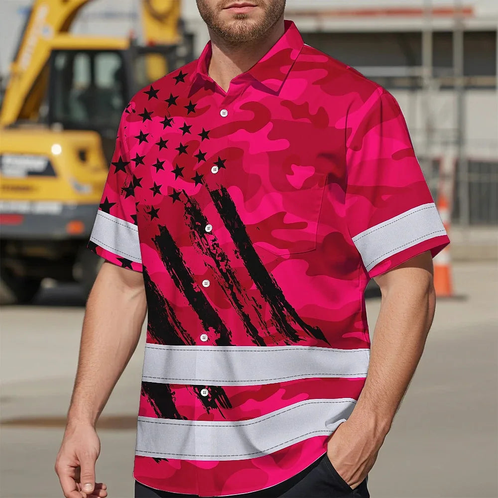 Hi Vis Hawaiian Shirt Reflective Tapes Camo Pink Neon US Flag Custom Name