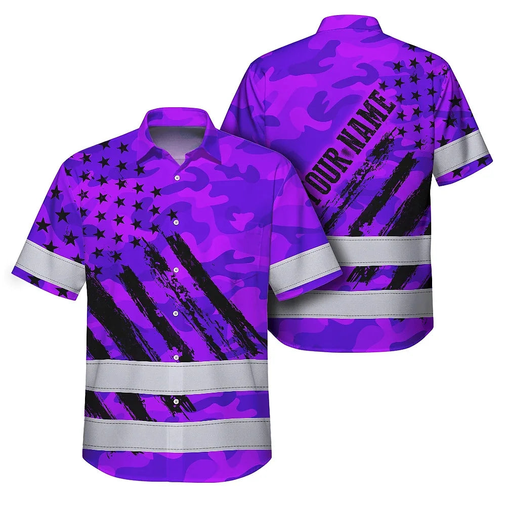 Hi Vis Hawaiian Shirt Reflective Tapes Camo Violet Neon US Flag Custom Name