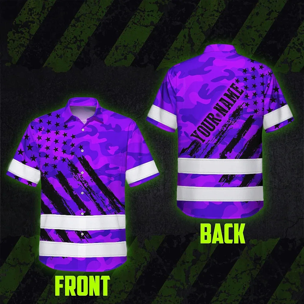 Hi Vis Hawaiian Shirt Reflective Tapes Camo Violet Neon US Flag Custom Name