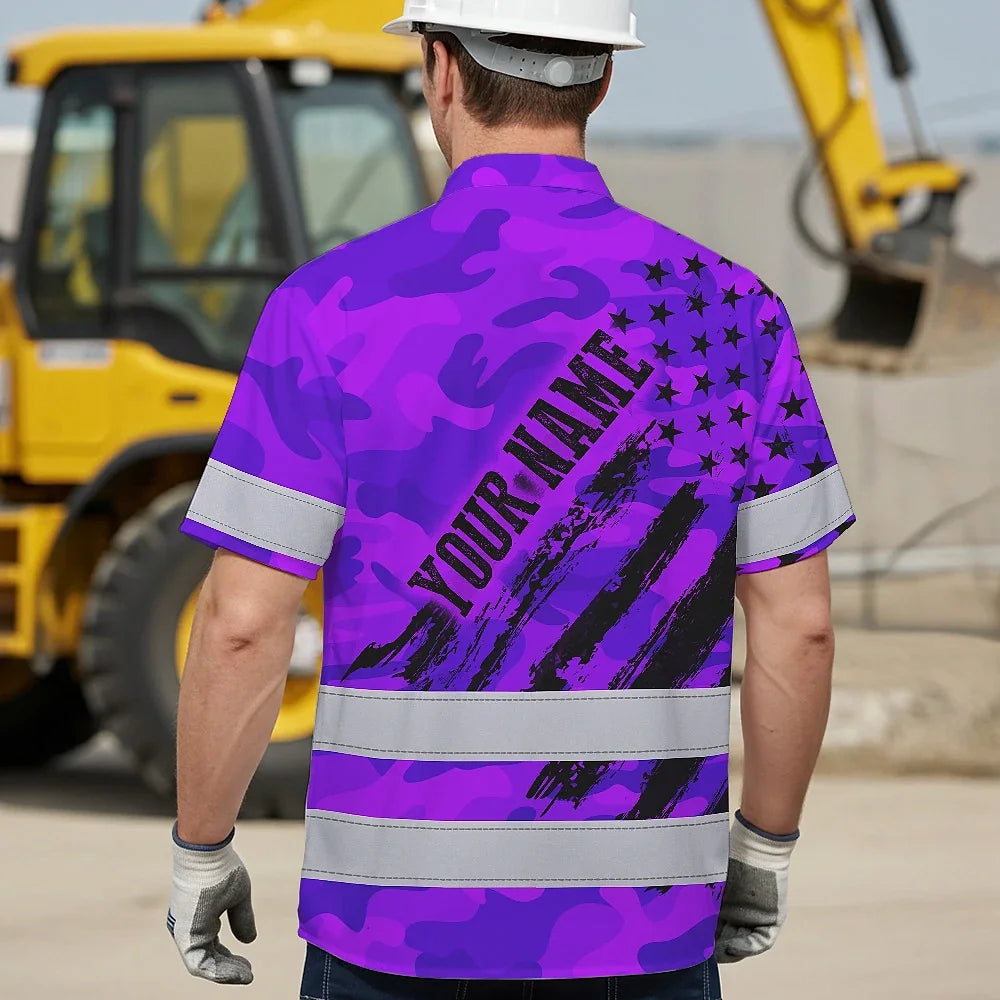 Hi Vis Hawaiian Shirt Reflective Tapes Camo Violet Neon US Flag Custom Name