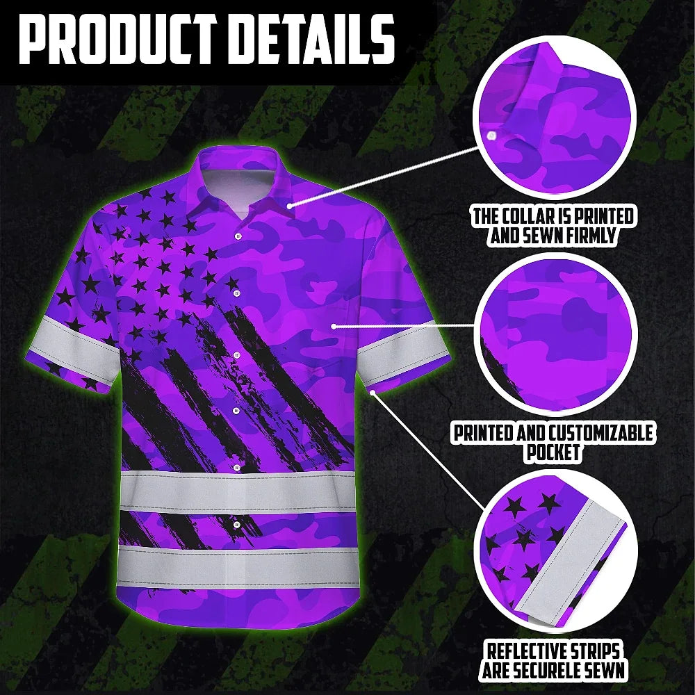 Hi Vis Hawaiian Shirt Reflective Tapes Camo Violet Neon US Flag Custom Name