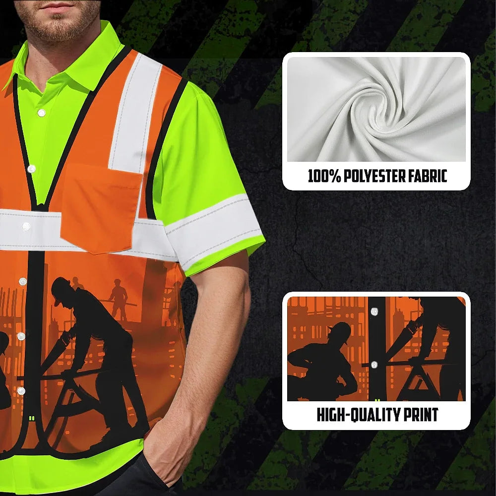 Hi Vis Hawaiian Shirt Reflective Tapes Carpenter Custom Name Safety Workwear
