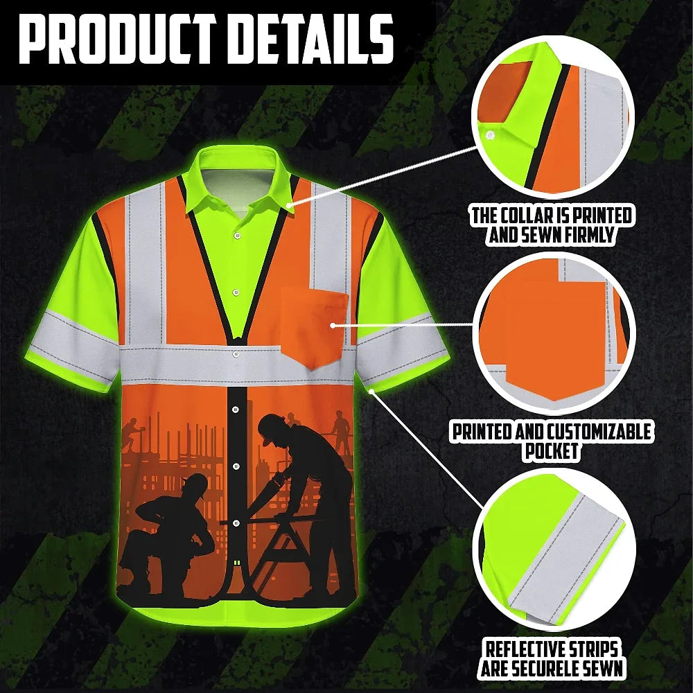 Hi Vis Hawaiian Shirt Reflective Tapes Carpenter Custom Name Safety Workwear