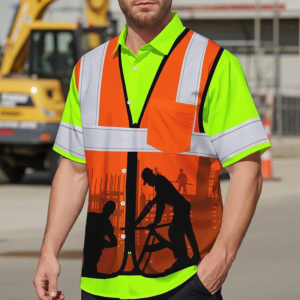 Hi Vis Hawaiian Shirt Reflective Tapes Carpenter Custom Name Safety Workwear