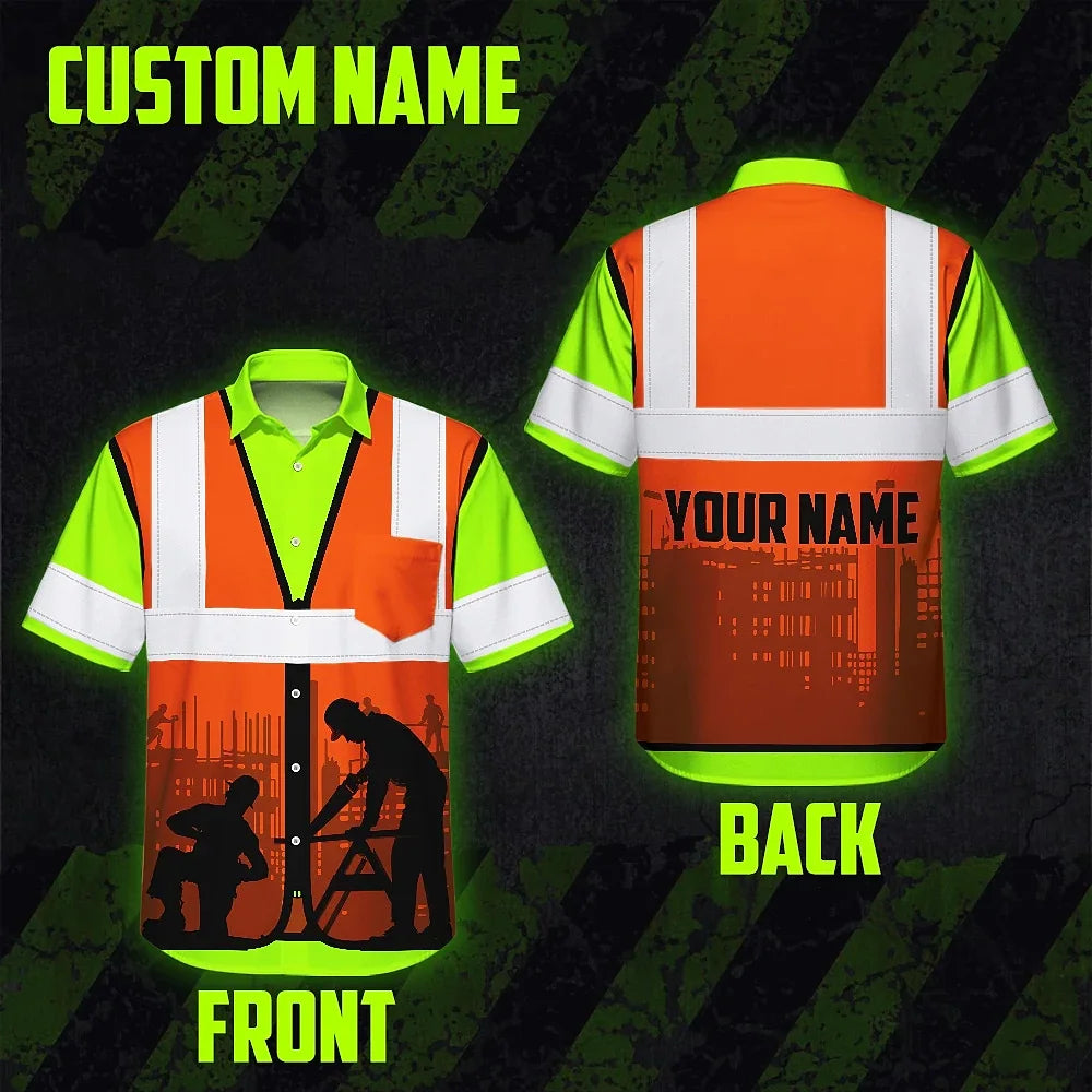 Hi Vis Hawaiian Shirt Reflective Tapes Carpenter Custom Name Safety Workwear