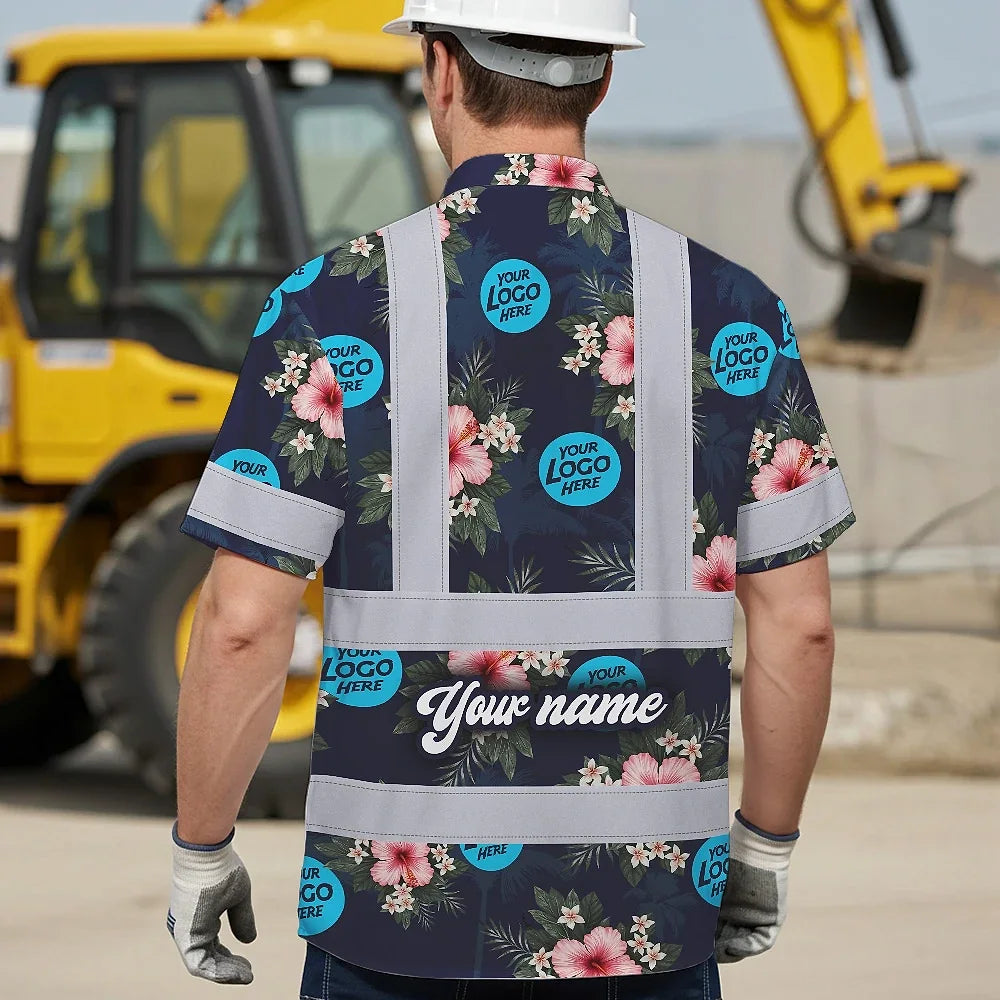 Hi Vis Hawaiian Shirt Reflective Tapes Dark Blue And Flowers Custom Name And Logo Safety Workwear For Workers, Truckers, Operators, Company