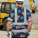 Hi Vis Hawaiian Shirt Reflective Tapes Dark Blue And Flowers Custom Name And Logo Safety Workwear For Workers, Truckers, Operators, Company