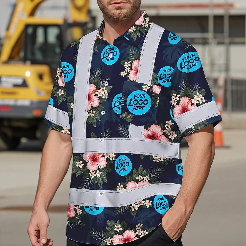 Hi Vis Hawaiian Shirt Reflective Tapes Dark Blue And Flowers Custom Name And Logo Safety Workwear For Workers, Truckers, Operators, Company