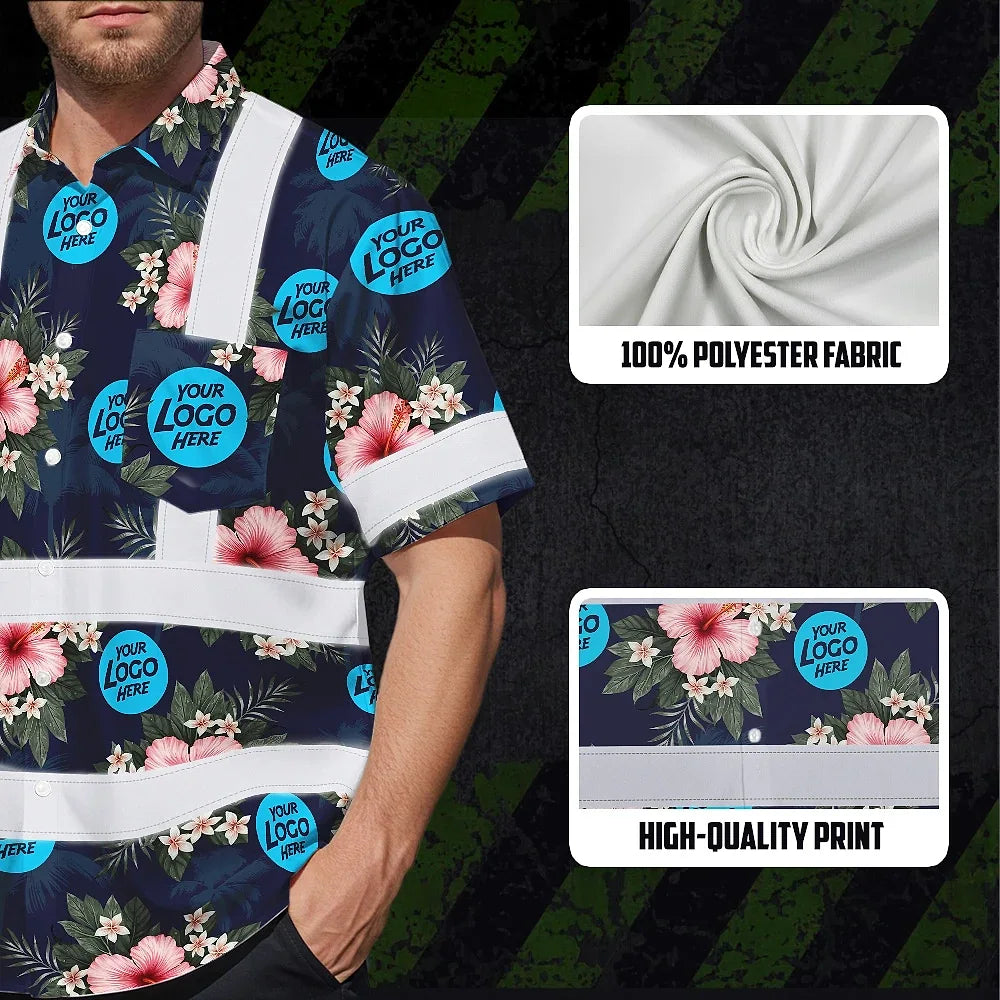 Hi Vis Hawaiian Shirt Reflective Tapes Dark Blue And Flowers Custom Name And Logo Safety Workwear For Workers, Truckers, Operators, Company
