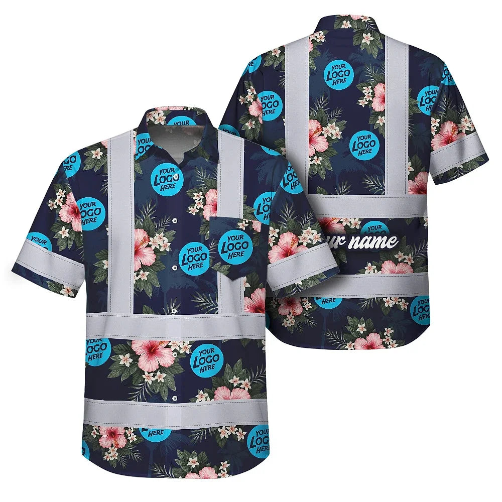 Hi Vis Hawaiian Shirt Reflective Tapes Dark Blue And Flowers Custom Name And Logo Safety Workwear For Workers, Truckers, Operators, Company