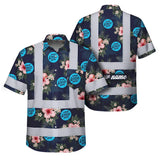 Hi Vis Hawaiian Shirt Reflective Tapes Dark Blue And Flowers Custom Name And Logo Safety Workwear For Workers, Truckers, Operators, Company