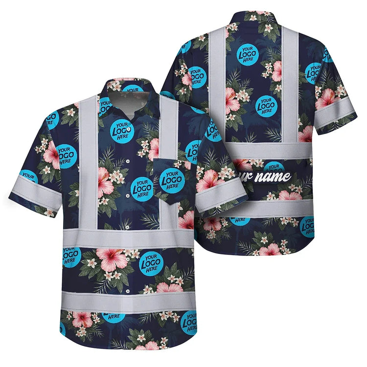 Dark Blue And Flowers Hi-Vis Hawaiian Shirt