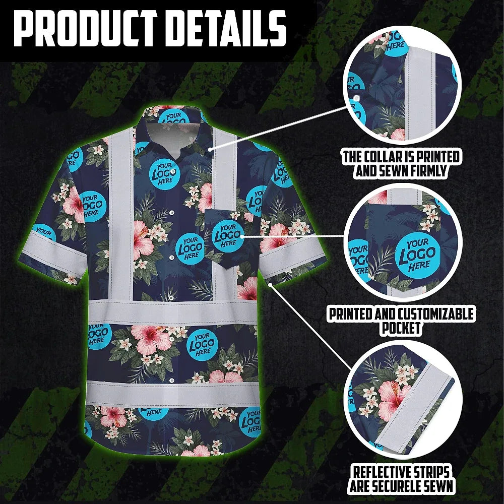 Hi Vis Hawaiian Shirt Reflective Tapes Dark Blue And Flowers Custom Name And Logo Safety Workwear For Workers, Truckers, Operators, Company