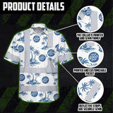 Hi Vis Hawaiian Shirt Reflective Tapes Dark Blue And White Flowers Custom Name And Logo Safety Workwear For Workers, Truckers, Operators, Company