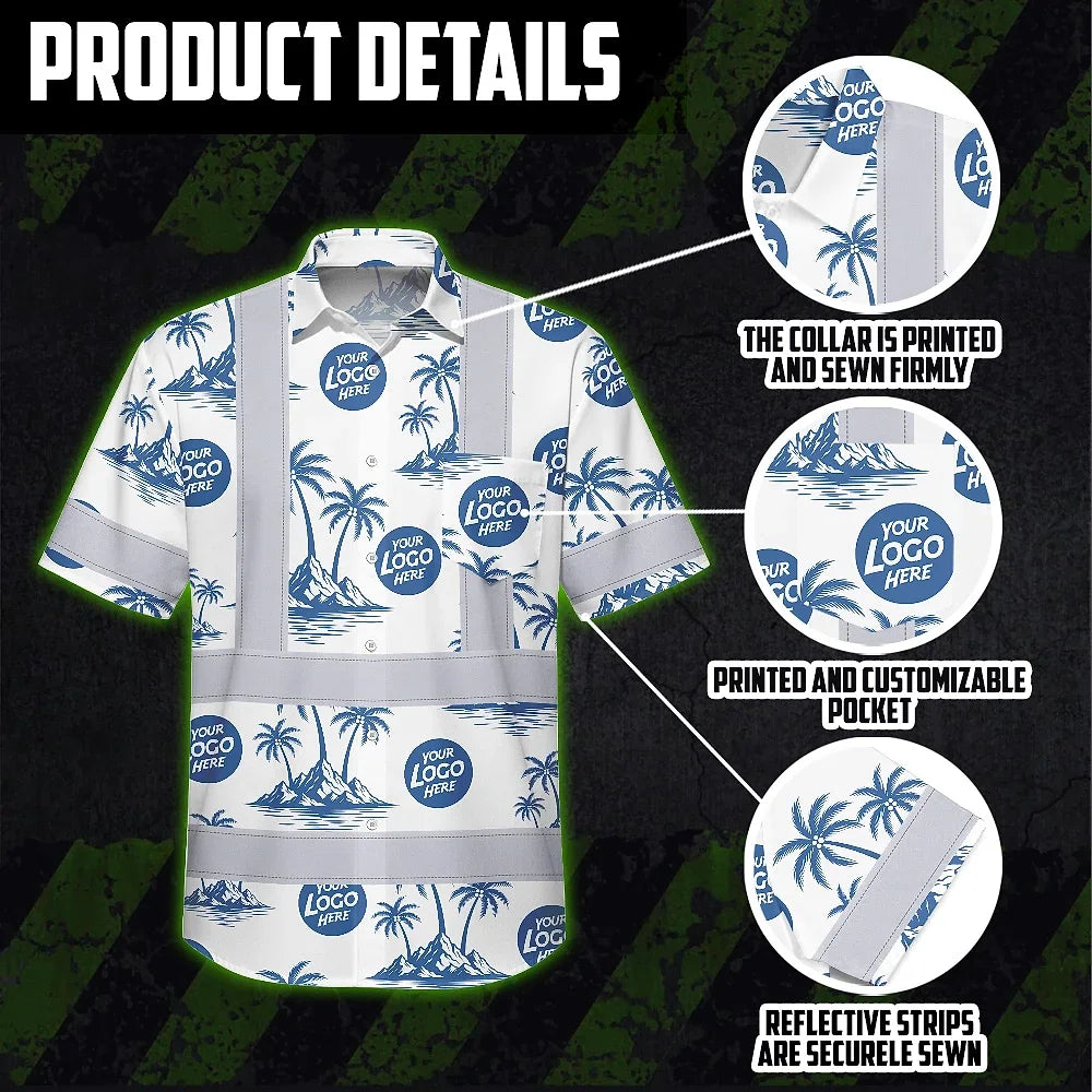 Hi Vis Hawaiian Shirt Reflective Tapes Dark Blue And White Flowers Custom Name And Logo Safety Workwear For Workers, Truckers, Operators, Company