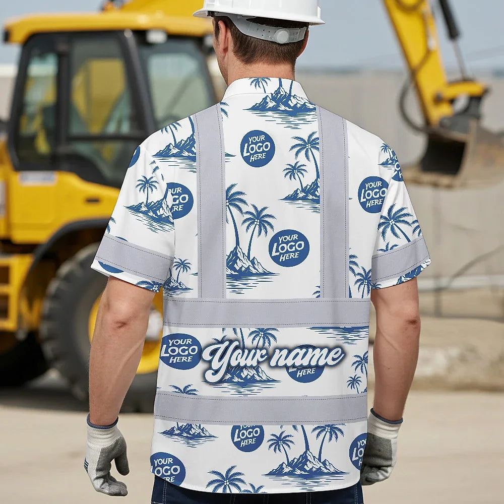 Hi Vis Hawaiian Shirt Reflective Tapes Dark Blue And White Flowers Custom Name And Logo Safety Workwear For Workers, Truckers, Operators, Company