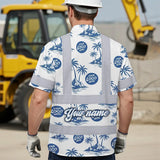 Hi Vis Hawaiian Shirt Reflective Tapes Dark Blue And White Flowers Custom Name And Logo Safety Workwear For Workers, Truckers, Operators, Company