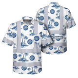 Hi Vis Hawaiian Shirt Reflective Tapes Dark Blue And White Flowers Custom Name And Logo Safety Workwear For Workers, Truckers, Operators, Company