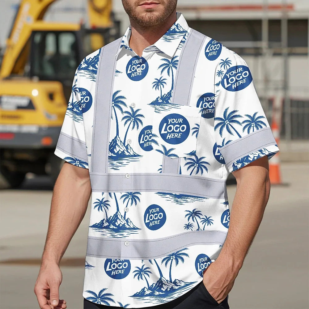 Hi Vis Hawaiian Shirt Reflective Tapes Dark Blue And White Flowers Custom Name And Logo Safety Workwear For Workers, Truckers, Operators, Company
