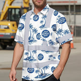 Hi Vis Hawaiian Shirt Reflective Tapes Dark Blue And White Flowers Custom Name And Logo Safety Workwear For Workers, Truckers, Operators, Company