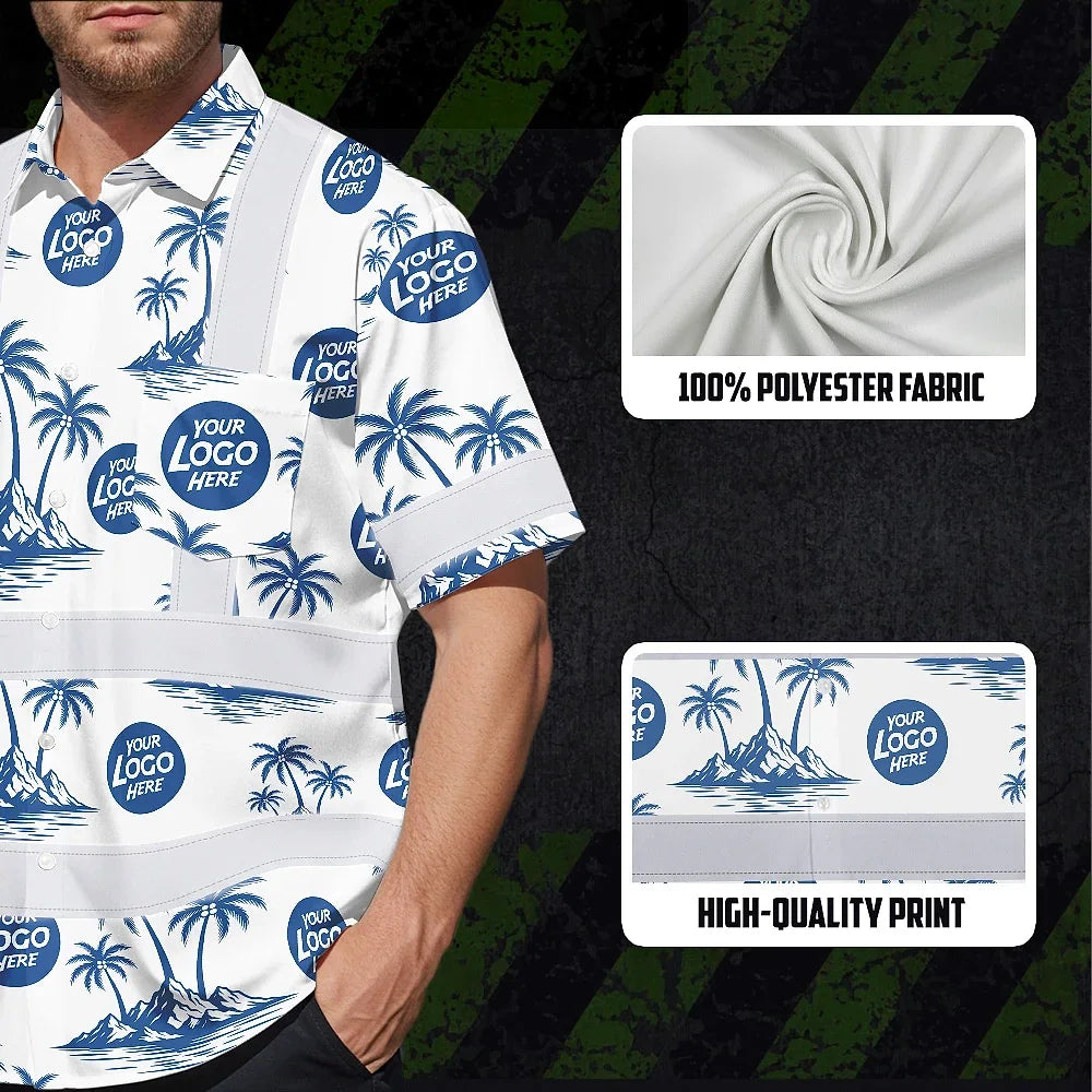 Hi Vis Hawaiian Shirt Reflective Tapes Dark Blue And White Flowers Custom Name And Logo Safety Workwear For Workers, Truckers, Operators, Company