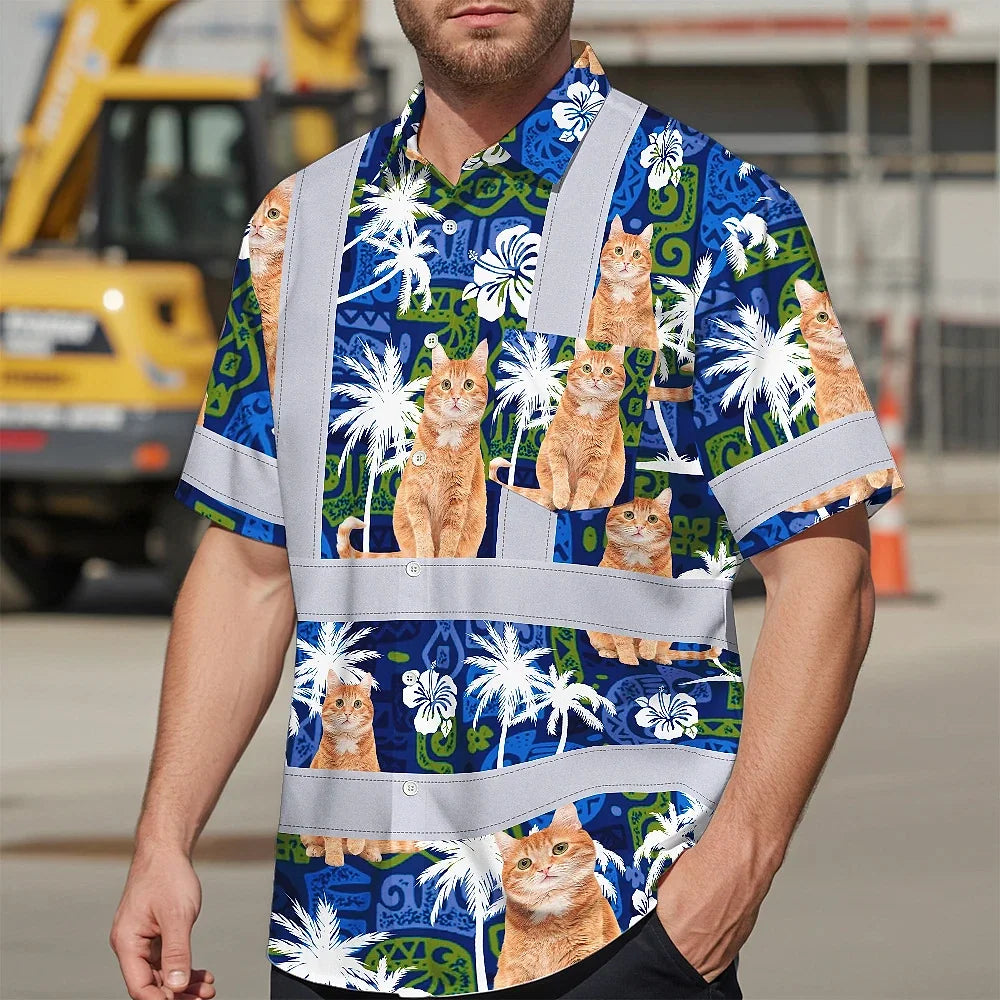 Hi Vis Hawaiian Shirt Reflective Tapes Dark Blue Custom Name And Image Safety Workwear For Workers, Truckers, Operators, Company, Pet Lovers