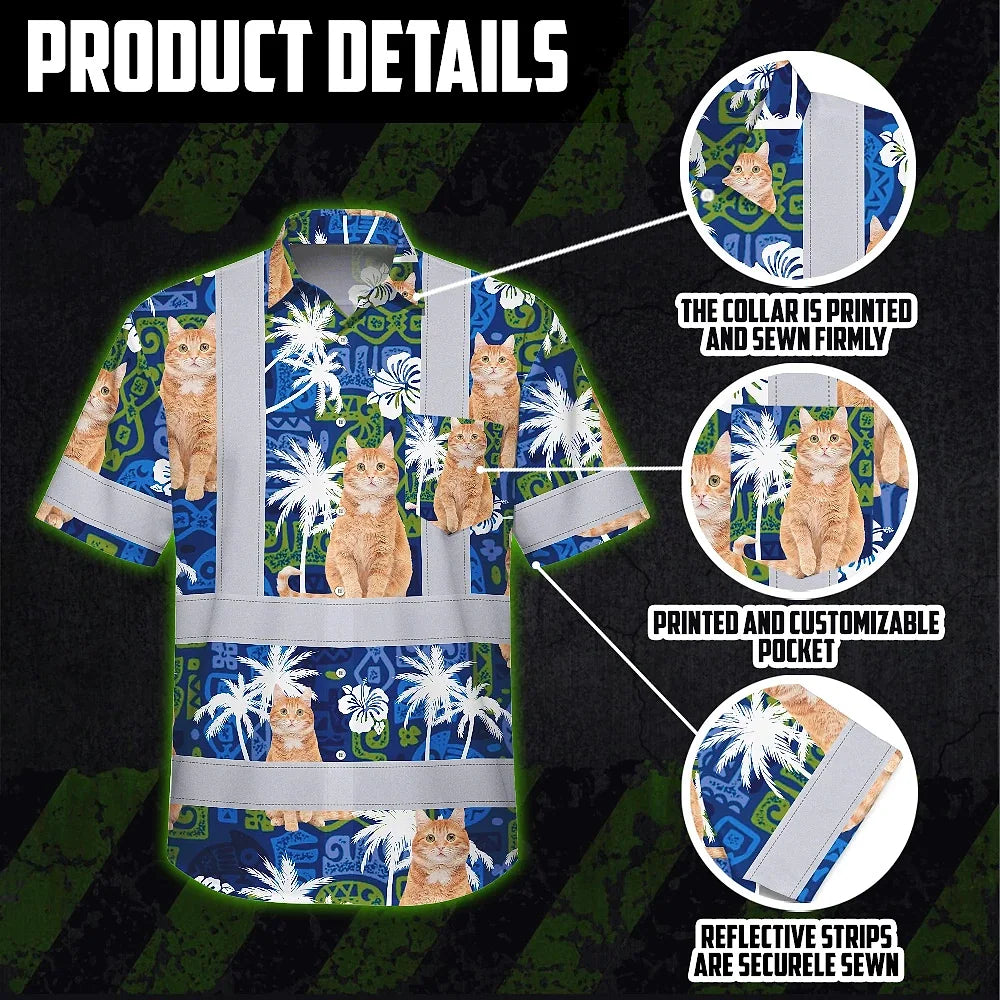 Hi Vis Hawaiian Shirt Reflective Tapes Dark Blue Custom Name And Image Safety Workwear For Workers, Truckers, Operators, Company, Pet Lovers