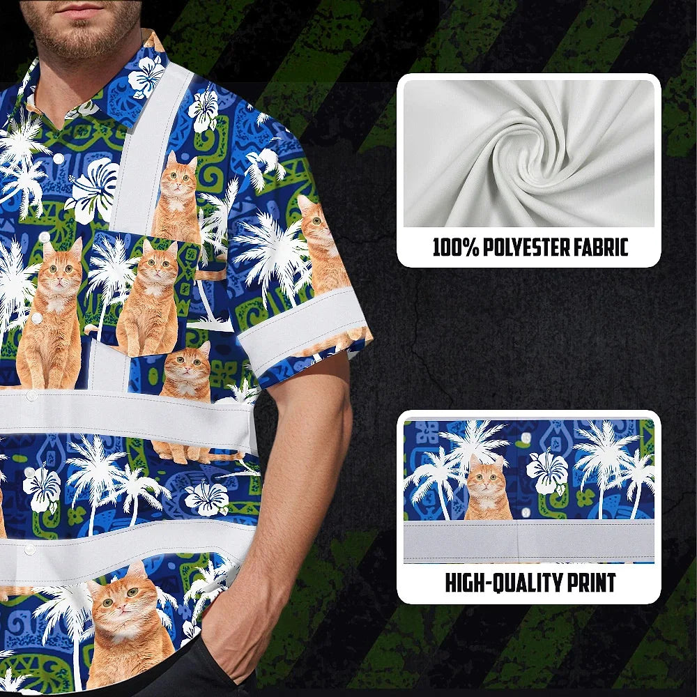 Hi Vis Hawaiian Shirt Reflective Tapes Dark Blue Custom Name And Image Safety Workwear For Workers, Truckers, Operators, Company, Pet Lovers