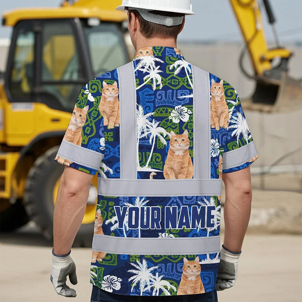 Hi Vis Hawaiian Shirt Reflective Tapes Dark Blue Custom Name And Image Safety Workwear For Workers, Truckers, Operators, Company, Pet Lovers