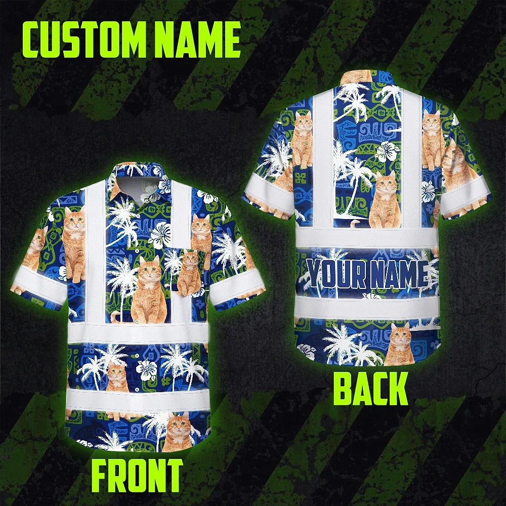 Hi Vis Hawaiian Shirt Reflective Tapes Dark Blue Custom Name And Image Safety Workwear For Workers, Truckers, Operators, Company, Pet Lovers