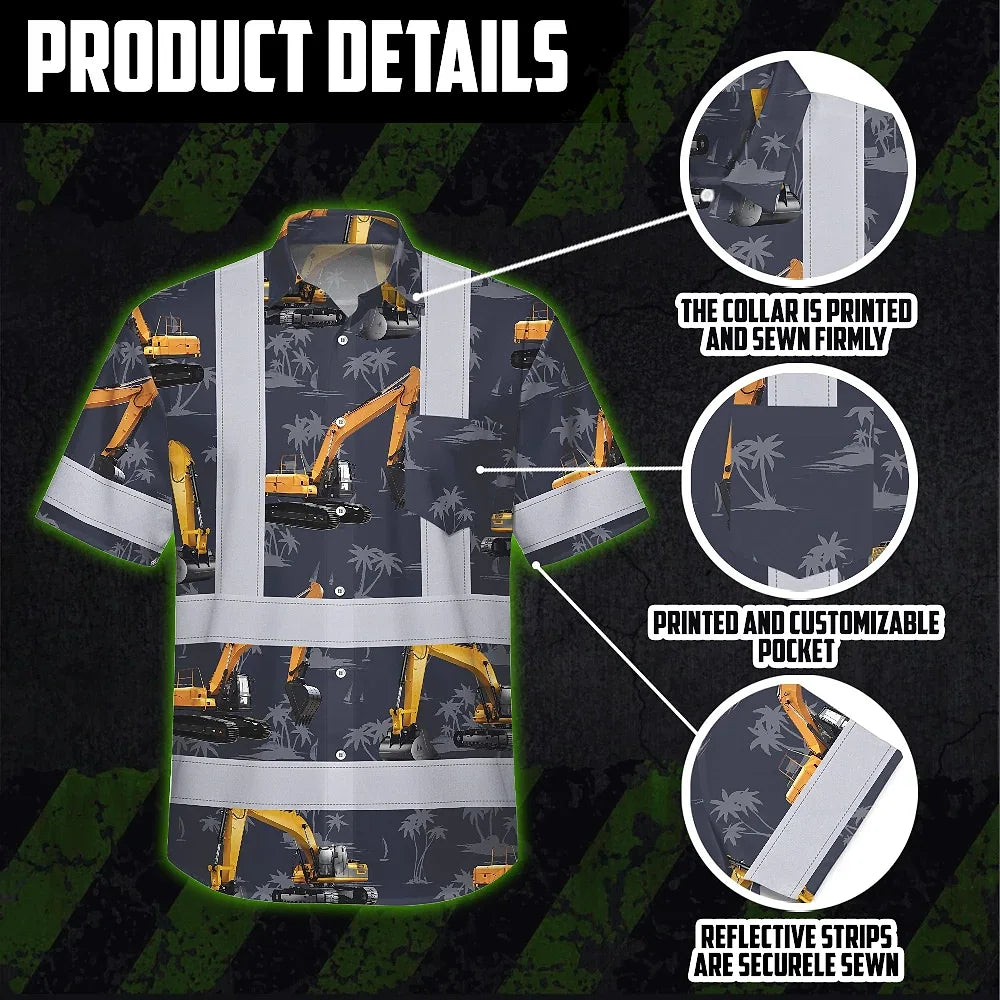 Hi Vis Hawaiian Shirt Reflective Tapes Dark Blue Excavator Custom Name Safety Workwear For Workers, Truckers, Operators, Company