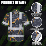 Hi Vis Hawaiian Shirt Reflective Tapes Dark Blue Excavator Custom Name Safety Workwear For Workers, Truckers, Operators, Company