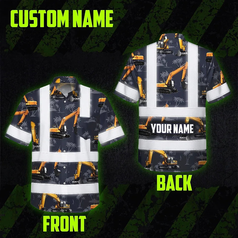 Hi Vis Hawaiian Shirt Reflective Tapes Dark Blue Excavator Custom Name Safety Workwear For Workers, Truckers, Operators, Company