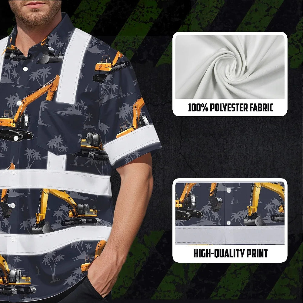 Hi Vis Hawaiian Shirt Reflective Tapes Dark Blue Excavator Custom Name Safety Workwear For Workers, Truckers, Operators, Company