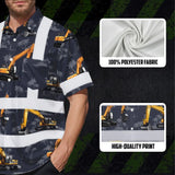 Hi Vis Hawaiian Shirt Reflective Tapes Dark Blue Excavator Custom Name Safety Workwear For Workers, Truckers, Operators, Company