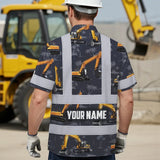 Hi Vis Hawaiian Shirt Reflective Tapes Dark Blue Excavator Custom Name Safety Workwear For Workers, Truckers, Operators, Company
