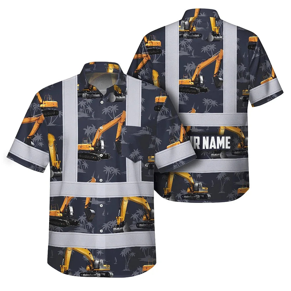 Hi Vis Hawaiian Shirt Reflective Tapes Dark Blue Excavator Custom Name Safety Workwear For Workers, Truckers, Operators, Company