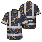 Hi Vis Hawaiian Shirt Reflective Tapes Dark Blue Excavator Custom Name Safety Workwear For Workers, Truckers, Operators, Company